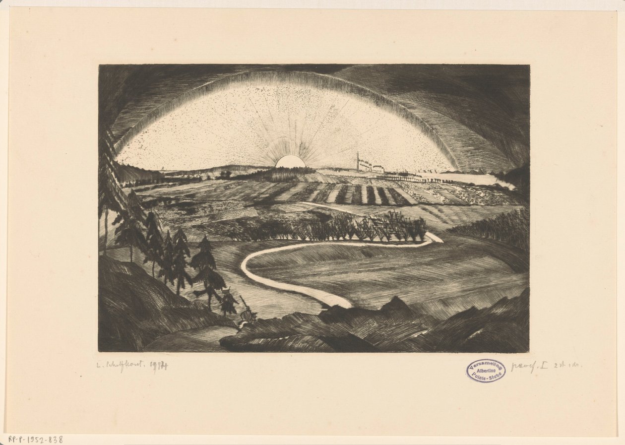 Solen går upp eller går ner över ett kuperat landskap La Bruyere (originaltitel på objekt) av Lodewijk Schelfhout (signed by artist)