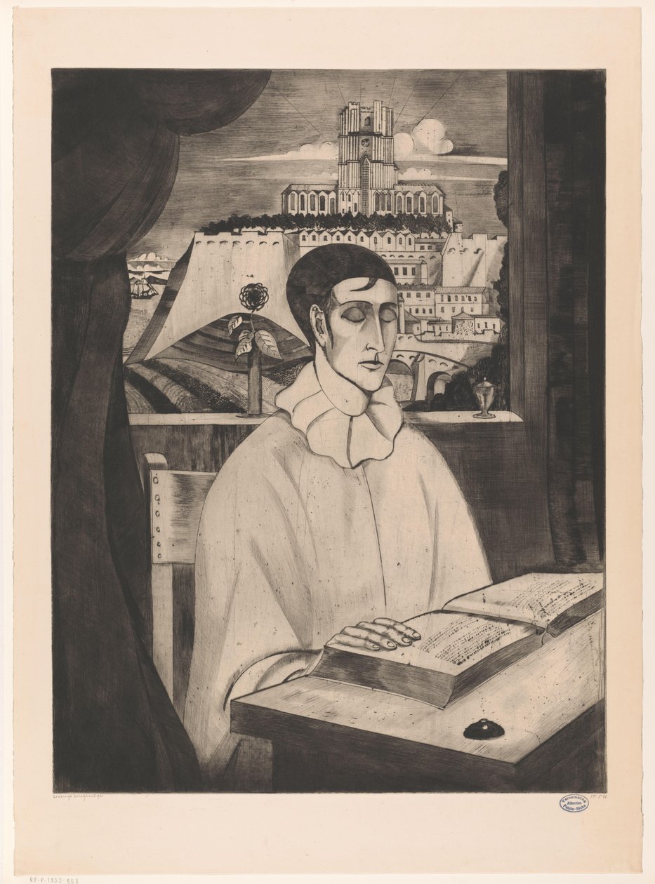 Pierrot läser en bok Pierrot meditant (originaltitel) av Lodewijk Schelfhout (signed by artist)