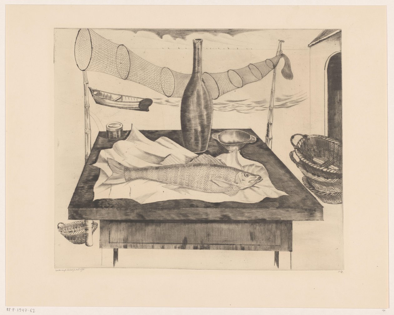 Stilleben med fisk, flaska och fiskenät Après la pêche (originaltitel) av Lodewijk Schelfhout (signed by artist)