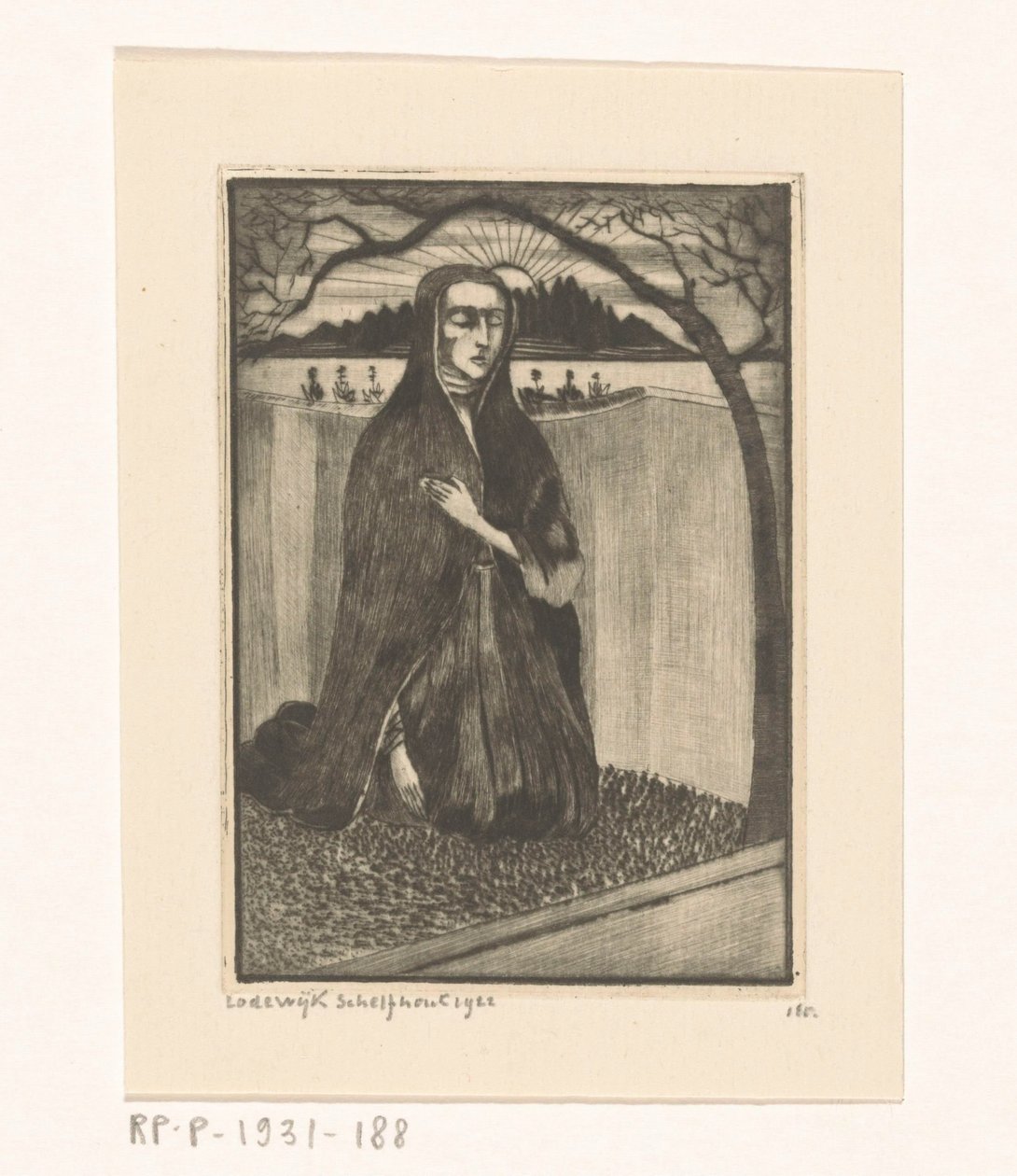 Kvinna vid en grav Femme au tombeau (originaltitel) av Lodewijk Schelfhout (signed by artist)