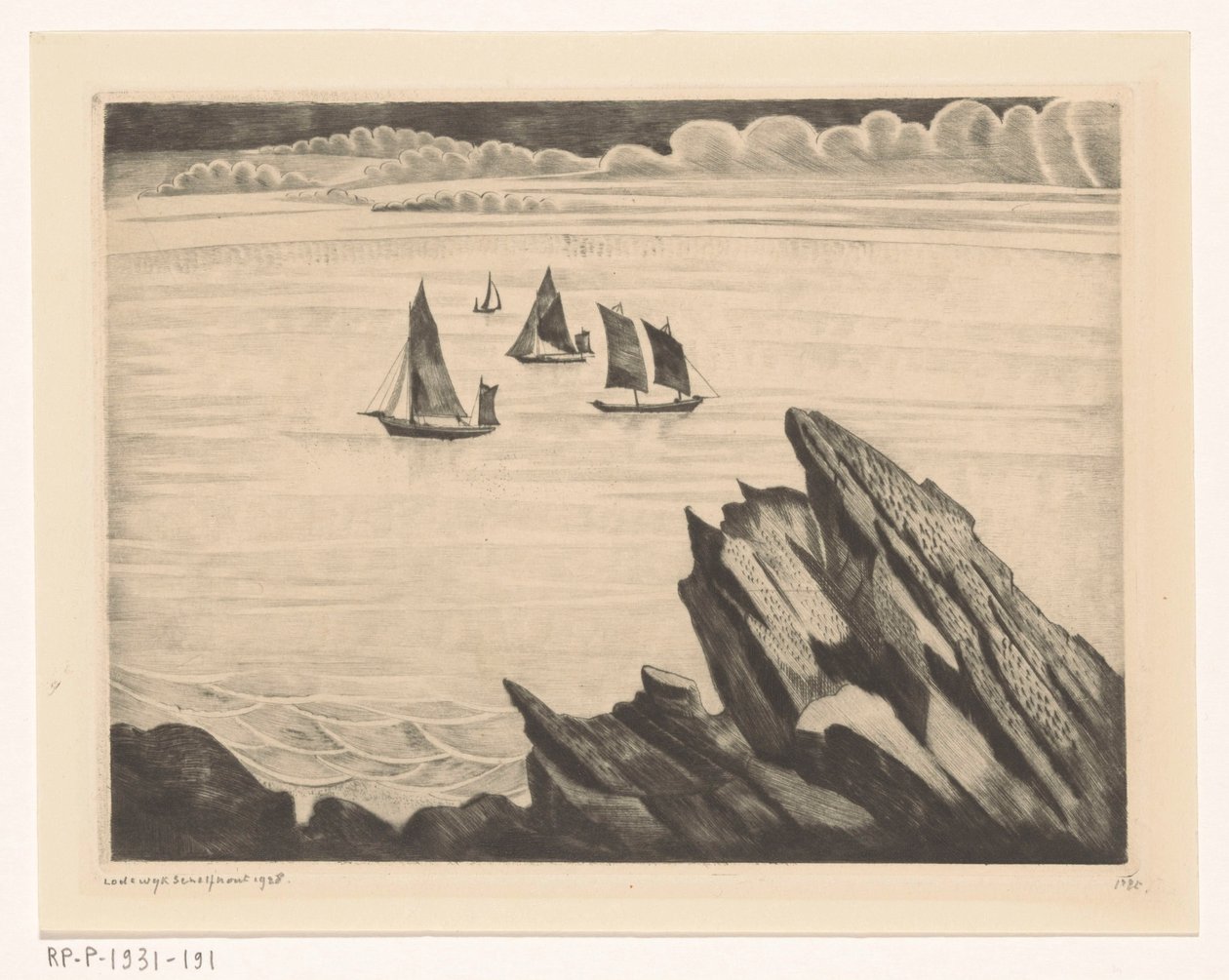 Segelfartyg vid den bretonska kusten Un soir en Bretagne (originaltitel) av Lodewijk Schelfhout (signed by artist)