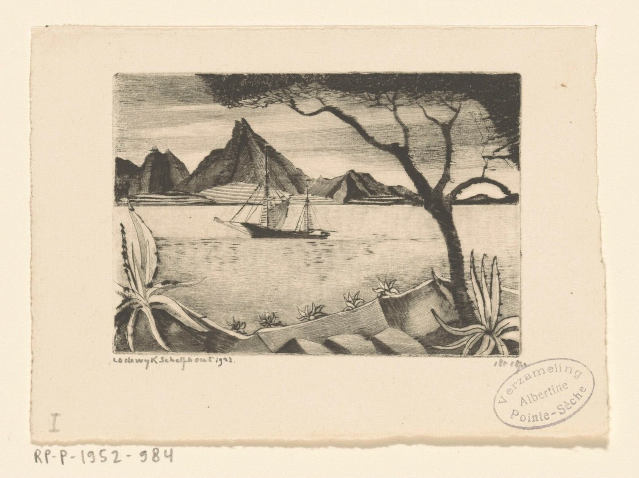 Segelfartyg i en vik Le Bateau (originaltitel) av Lodewijk Schelfhout (signed by artist)