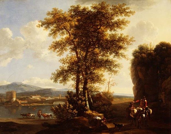 Ett italienskt skogigt flodlandskap med resenärer på en stig, en herde med boskap och en stad på andra sidan. av Lodewyck van Ludick