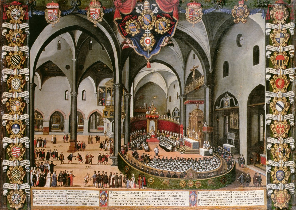 Orgeldörr som föreställer konciliet i Aquileia 1596 i Udine av Lodovico Pozzerrato