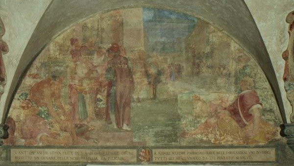 Sankt Antoninus väcker upp en ungdom från familjen Filicaia från de döda (fresk) av Lodovico Buti