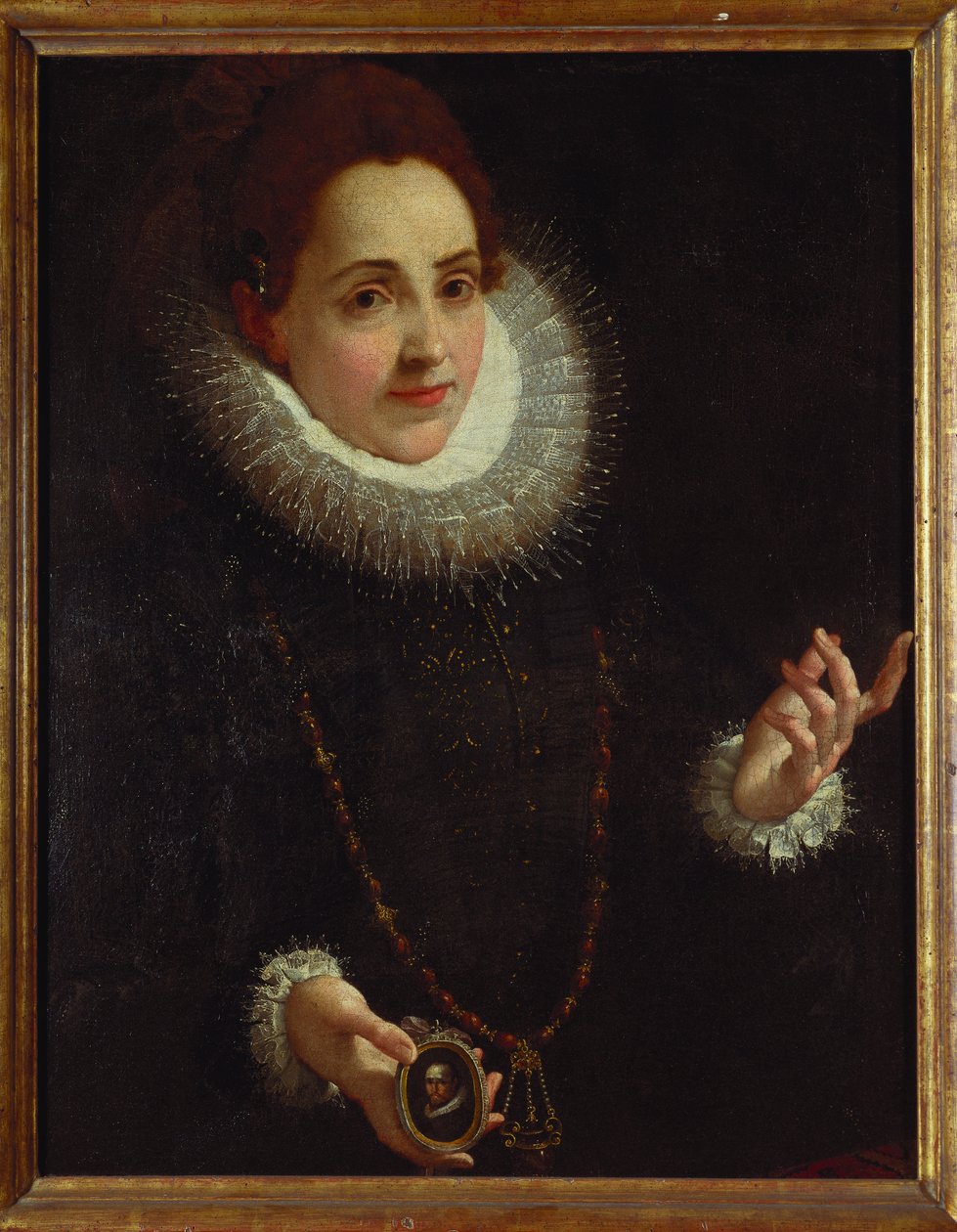 Porträtt av en dam som håller en porträttminiatyr av en gentleman av Lodovico Carracci