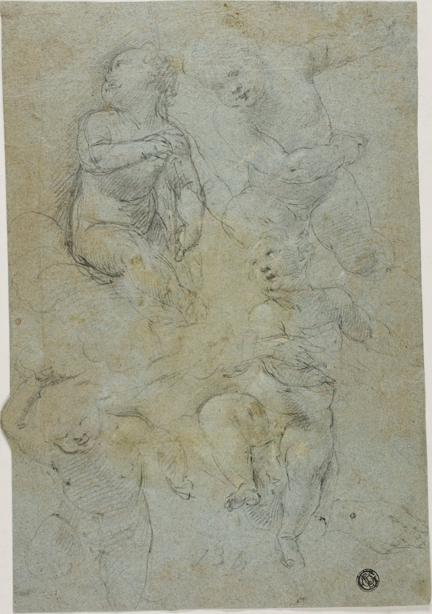Skisser av fyra Putti (recto); Knästående Ecclesiastic (verso) av Lodovico Carracci