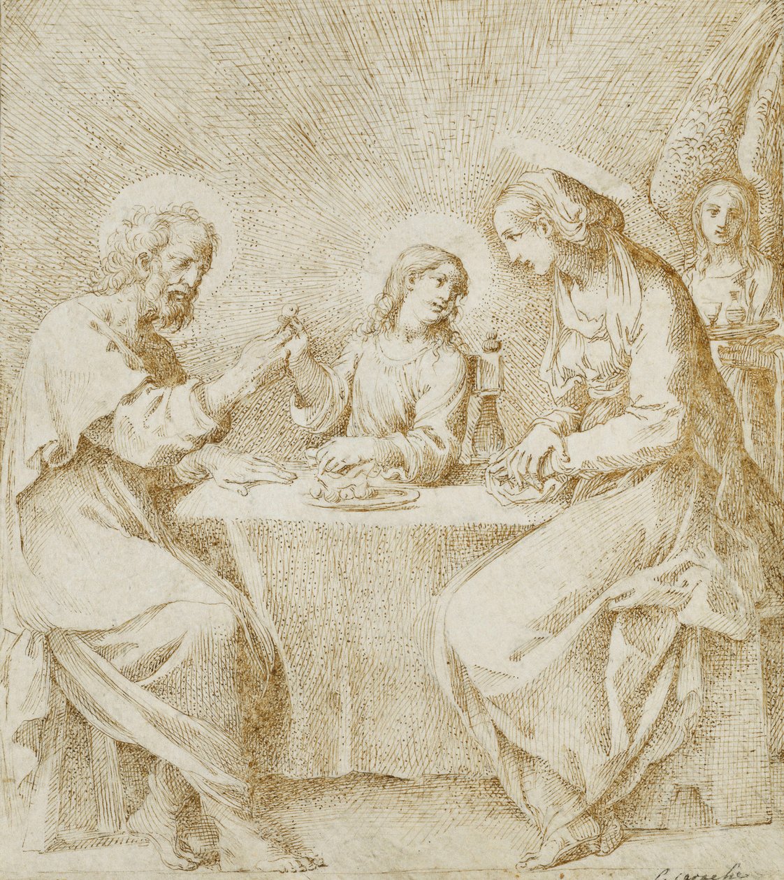 Spädbarnet Kristus, Jungfrun och Saint Joseph sitter vid ett bord med en ängel, av Lodovico Carracci