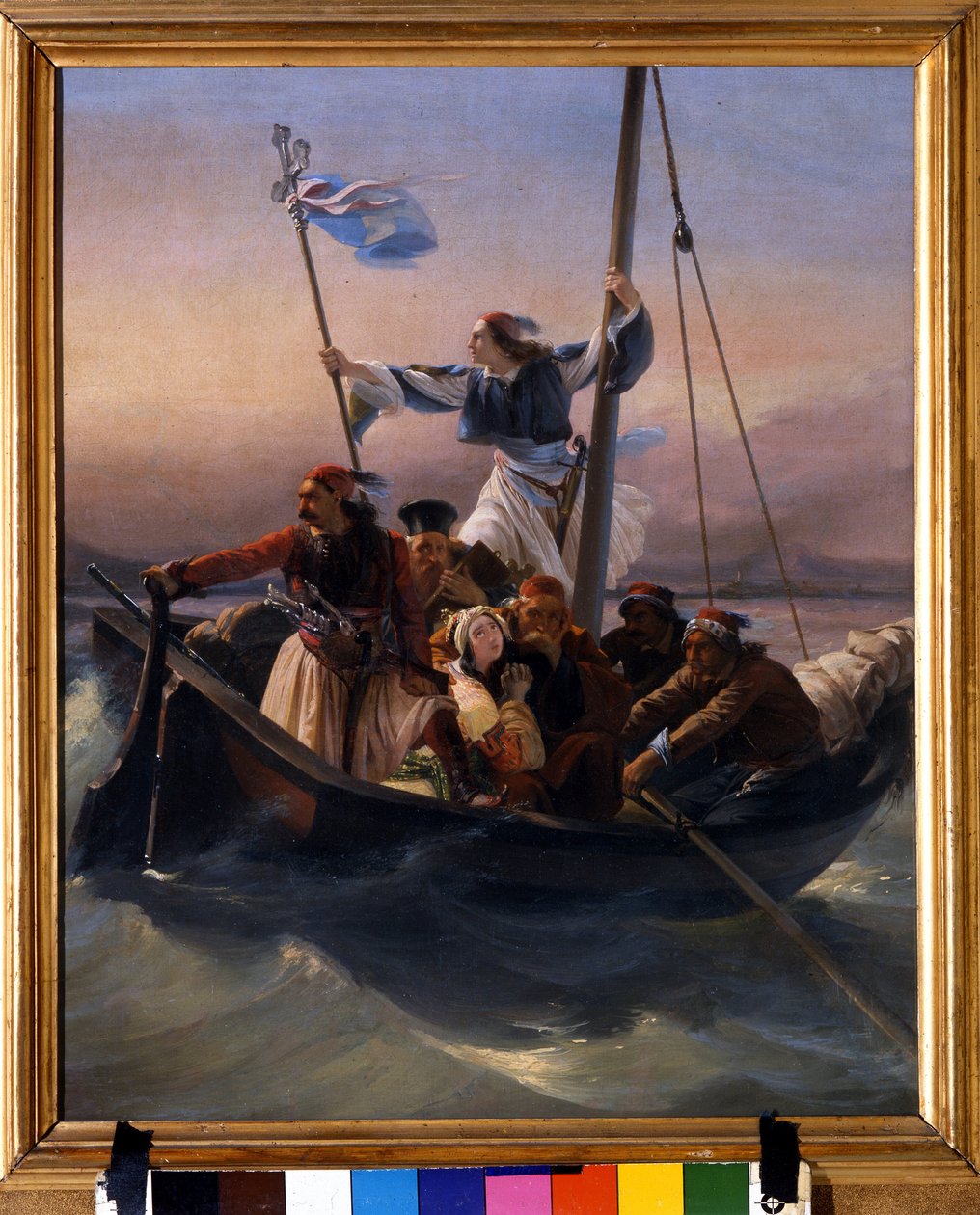 Greker på ett skepp Allegory of Grekland som marscherar mot självständighet efter den osmanska dominansen och det grekiska frihetskriget (1821-1830) eller den grekiska revolutionen. Målning av Ludovico Lipparini (1800-1856) 1848 Verone av Lodovico Lipparini
