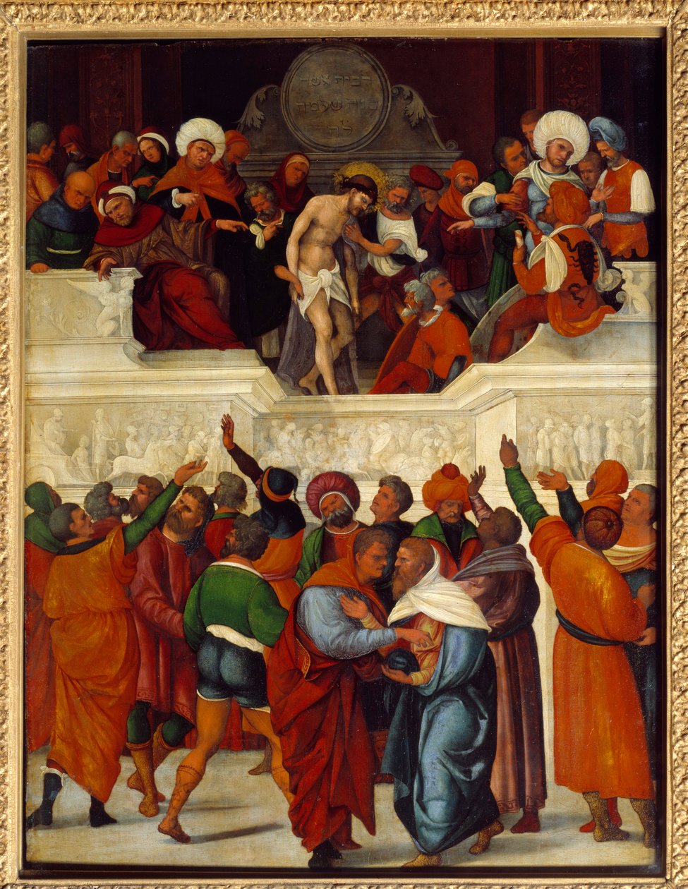 Ecce gay (Här är mannen) (uttryck som används av Pontius Pilatus (Pontius Pilatius) i översättningen av Vulgata av Johannesevangeliet (19:5) när han presenterar Jesus för den slagna skaran och törnekronan). Trämålning av Ludovico Mazzolino (ca. 1480-runt av Lodovico Mazzolino