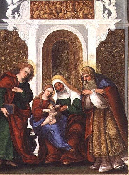 Madonna och barn med SS. Anne, Johannes evangelisten och Zacharias eller Madonna och St Anne of the Cherries (panel) av Lodovico Mazzolino