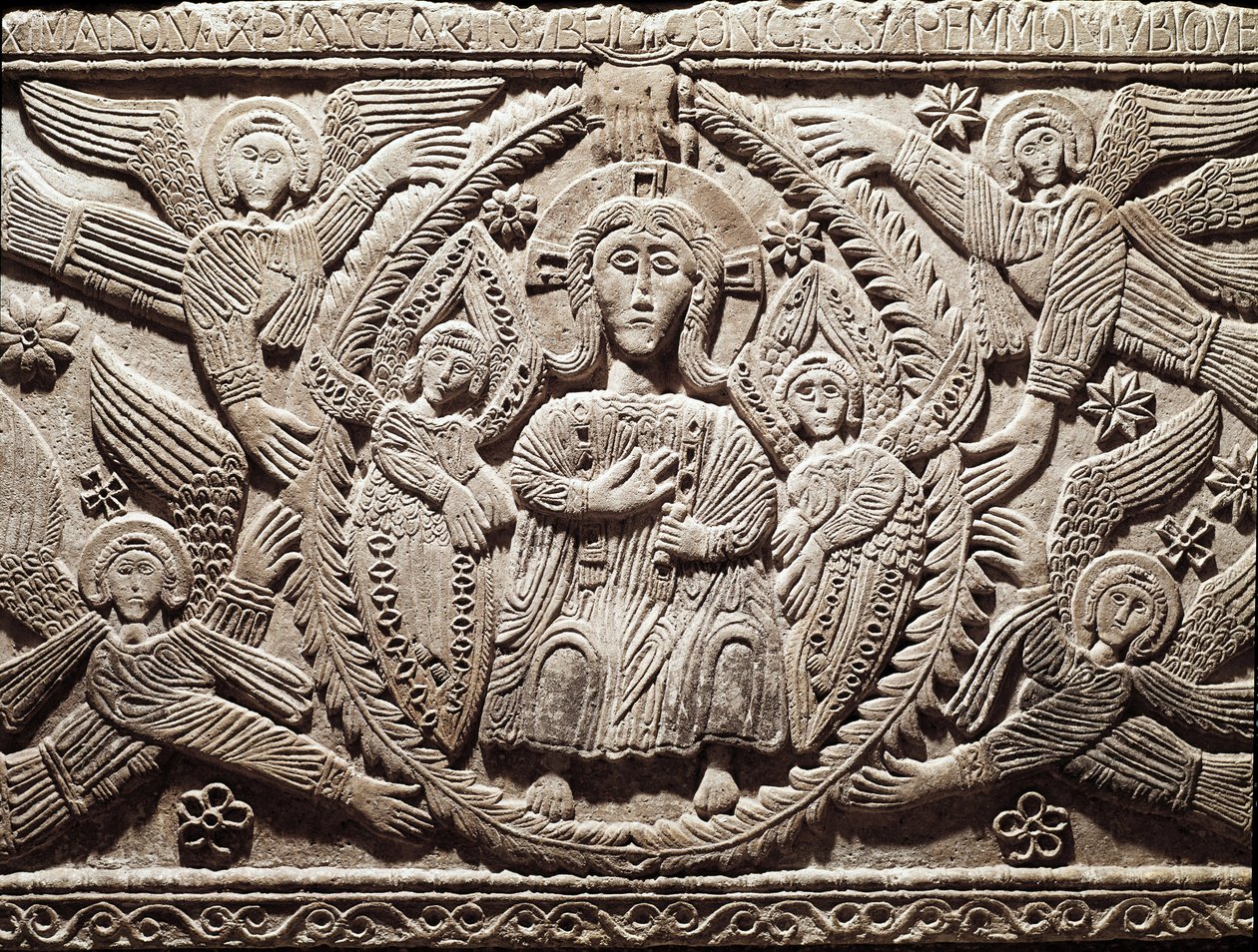 Lombardkonst: Kristus i ära, lågrelief från hertig Rachis altare (Ratchis eller Ratgis) - Skulptur, Lombardkonst, 737-744 (Relief av altaret från Ratchis representerande Kristus i ära) Cividale del Friuli, Chretien Museum, skattmästare i katedralen av Lombard School