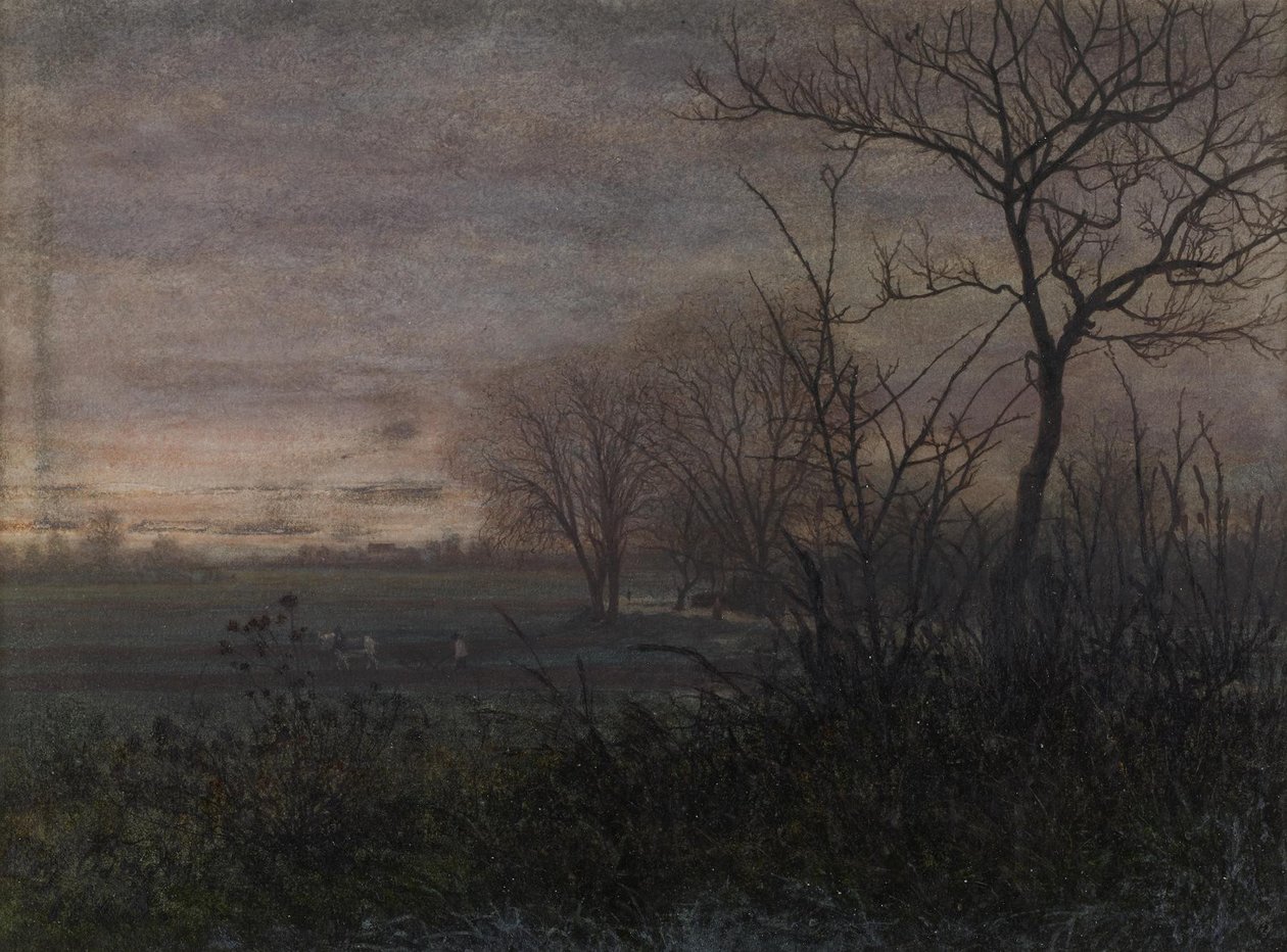Plöjning i skymningen, 1865 (wc och penna och bläck på papper) av Léon Bonvin