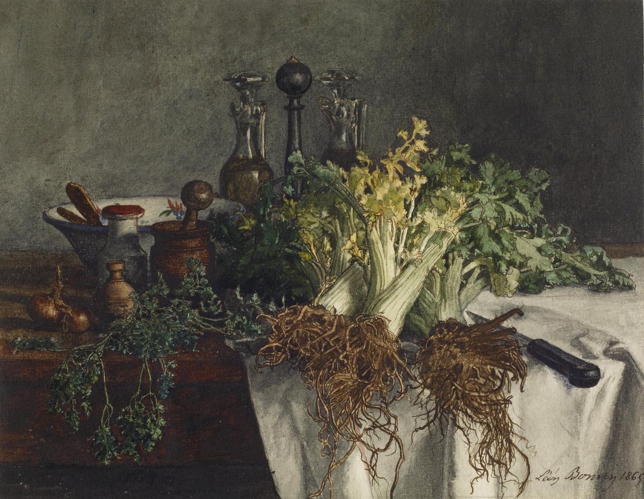 Stilleben på köksbordet med selleri, persilja, skål och kruetter, 1865 (wc och penna och bläck på papper) av Léon Bonvin