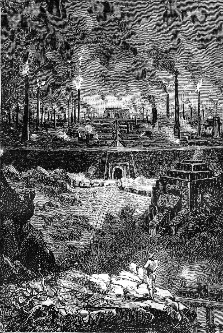 Teckning av Leon Benett, från Jules Vernes bok "The 500 million of the Begum" - edition Hetzel/Extraordinary Voyages 1879. Utsikt över "Stålstaden", en gigantisk uppsättning fabriker (masugnar - stålgjuterier) av Léon Benett
