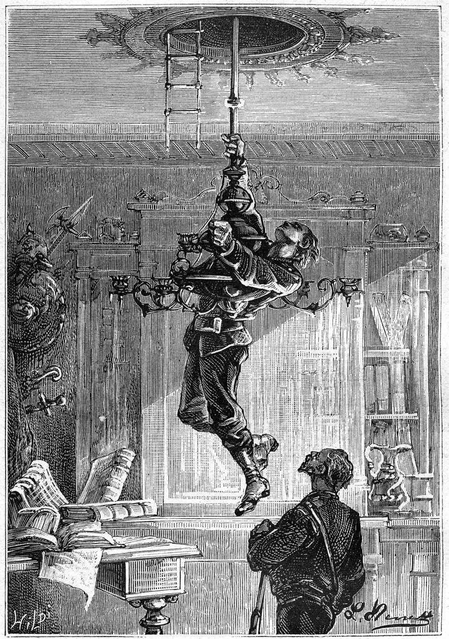 Teckning av Leon Benett, från Jules Vernes bok "Begums 500 miljoner" - edition Hetzel/Extraordinary Voyages 1879. "... Han hade knappt hunnit hänga från kandelabern förrän han till sin stora förvåning såg honom falla under hans hand. Taket av Léon Benett