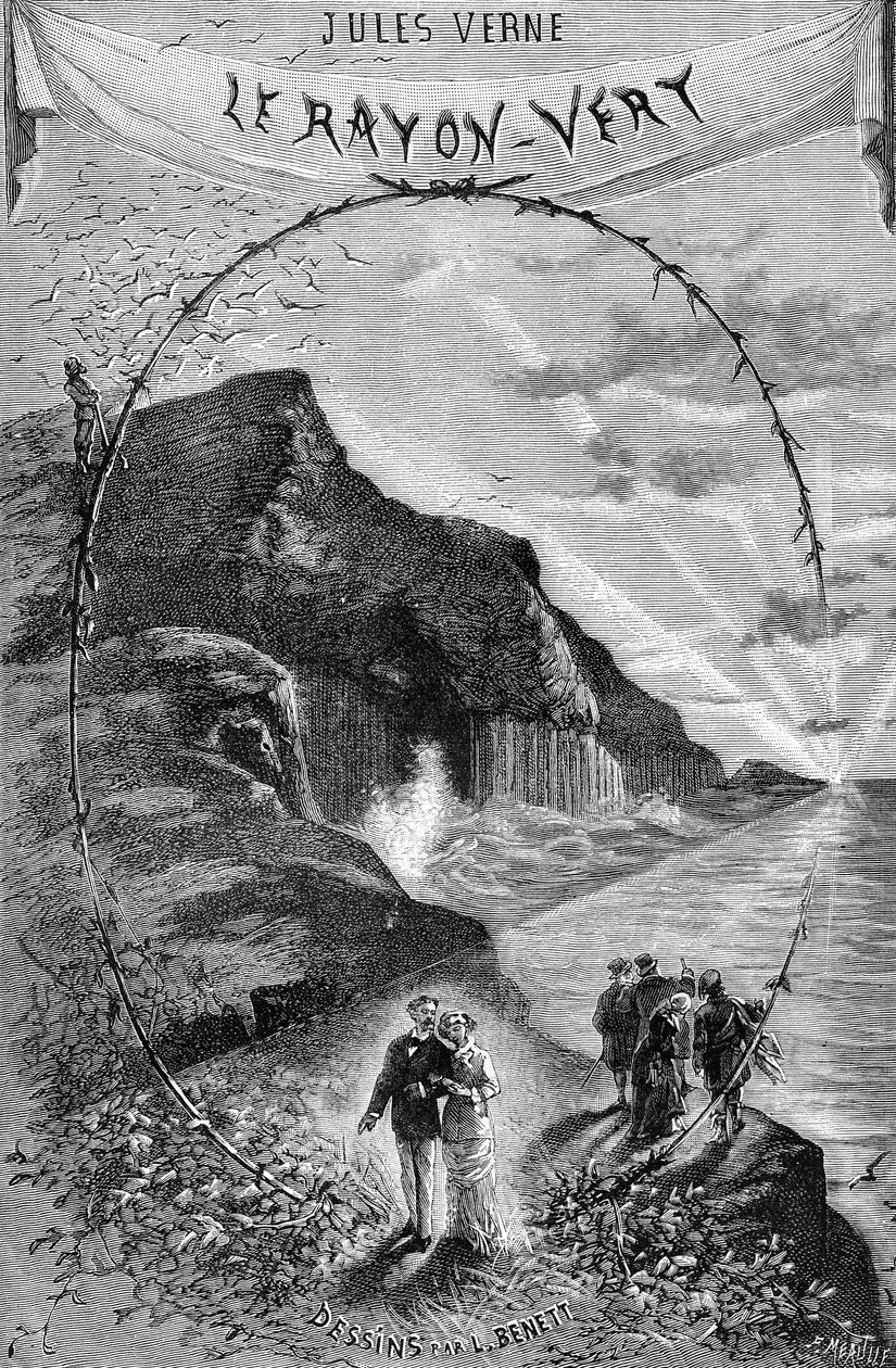 Framsida av Jules Vernes roman "Den gröna strålen", Hetzels samling/Extraordinary Voyages 1882. Teckning av Leon Benett. av Léon Benett