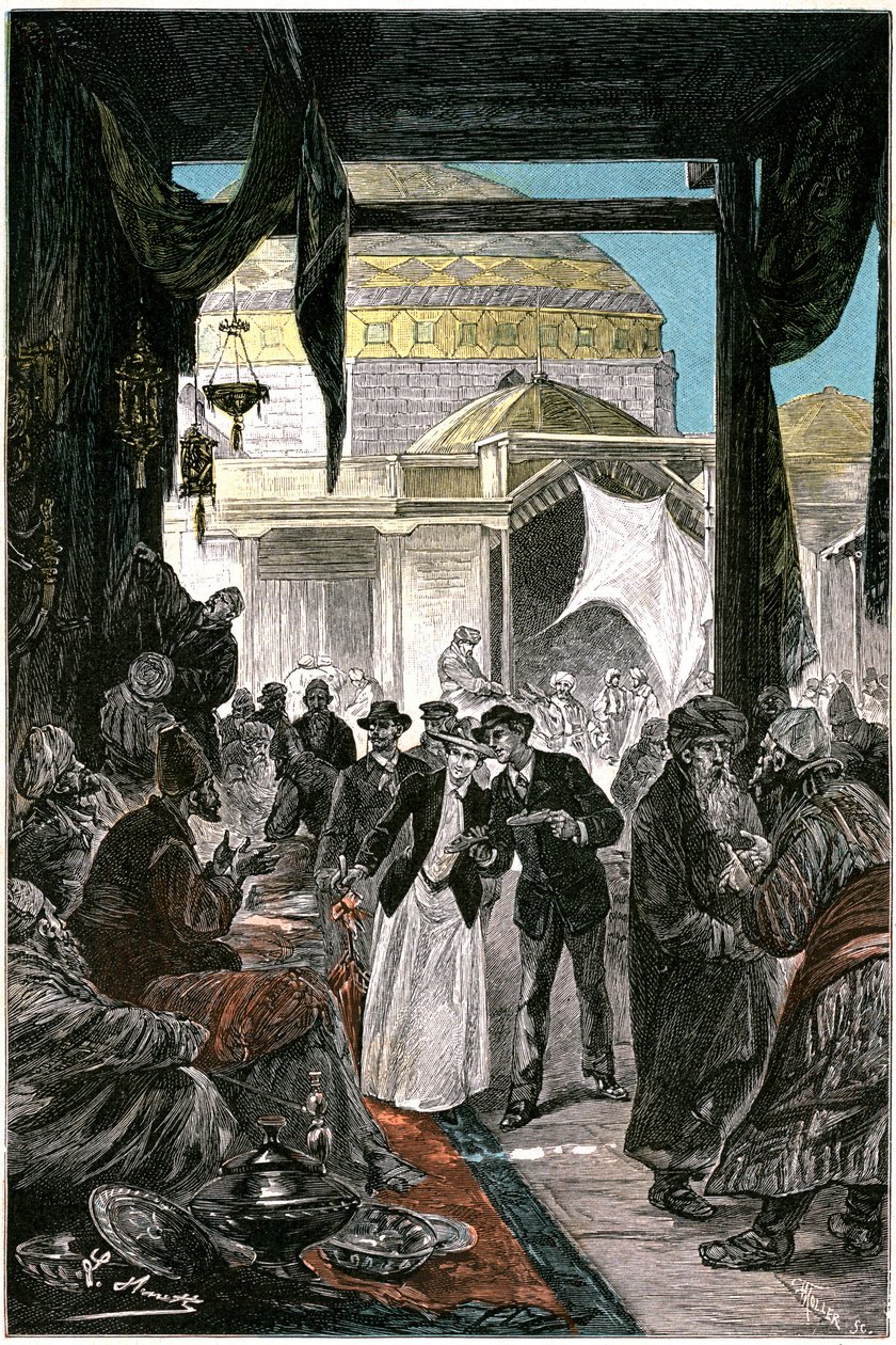 Basaren i Samarkande (nu Samarkand eller Samarqand i Uzbekistan), illustration av Jules Vernes roman "Claudius Bombarnac" edition Hetzel 1892 - Teckning av Leon Benett (Hippolyte Leon Benet av Léon Benett