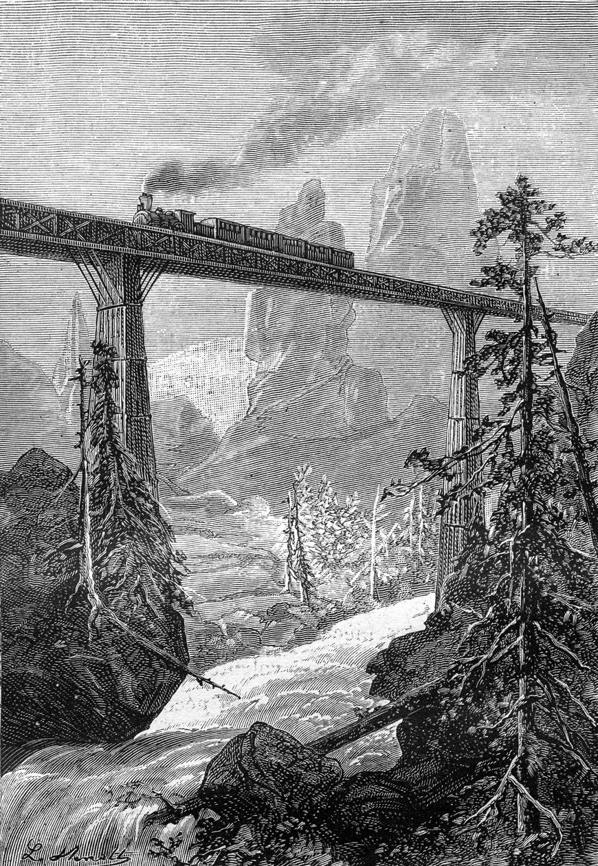 teckning av Leon Benett, från Jules Vernes bok "Begums 500 miljoner" - edition Hetzel/Extraordinary Voyages 1879. Ångtåg passerar över en djärv bro, i ett bergslandskap med fors. av Léon Benett