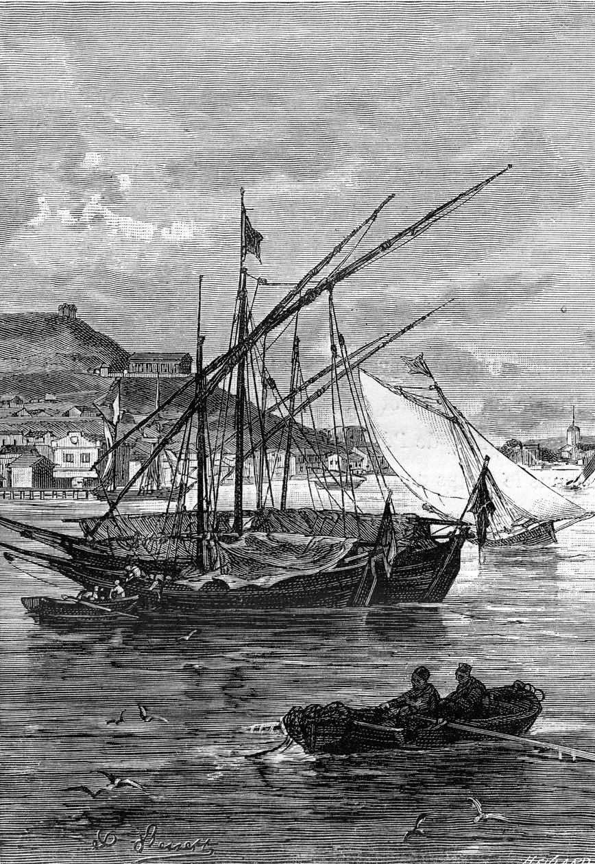 illustration till Jules Vernes roman "Keraban den envisa", Hetzel-samlingen/extraordinära resor 1883. Teckning av Leon Benett: hamnen i Kertsch (Krim), vid Iénikalesundet, mellan Svarta havet och Azofs hav. av Léon Benett