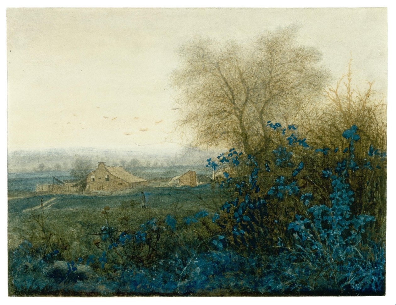 Landskap med en bondgård och en bonde som rullar en kärra av Léon Bonvin