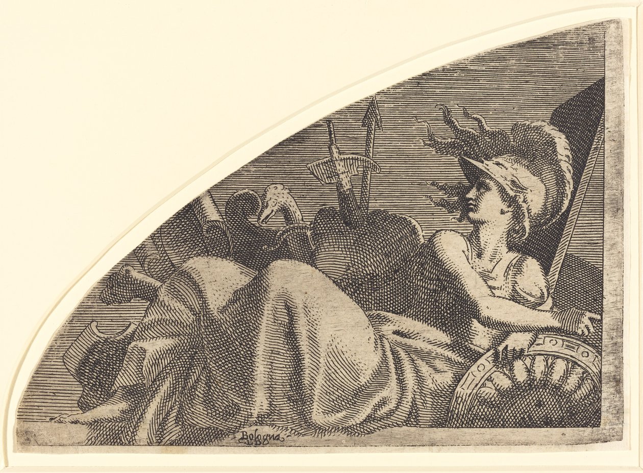Bellona sitter på sina troféer av Léon Davent after Francesco Primaticcio