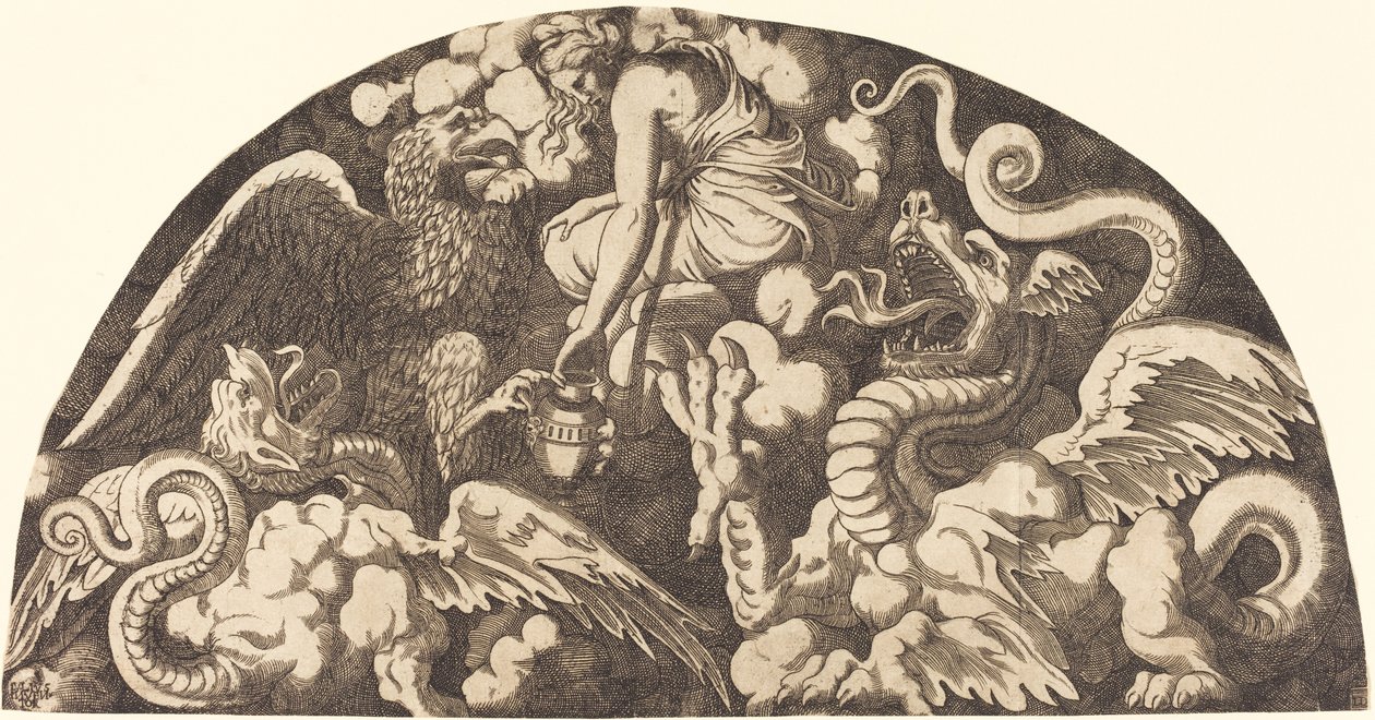 Jupiter tar med sig Styxens vatten till psyket av Léon Davent after Giulio Romano