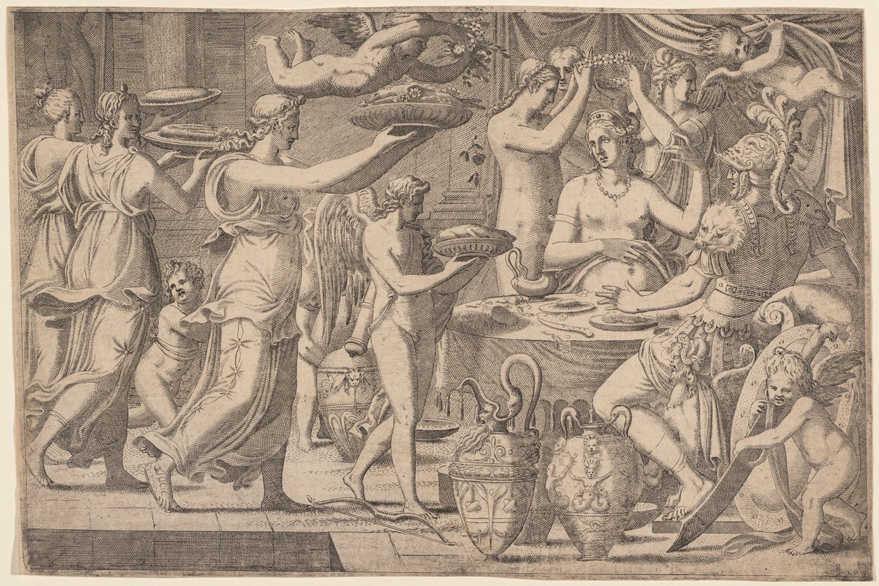 Venus och Mars betjänas av Amor och de tre nåderna av Léon Davent, after Luca Penni