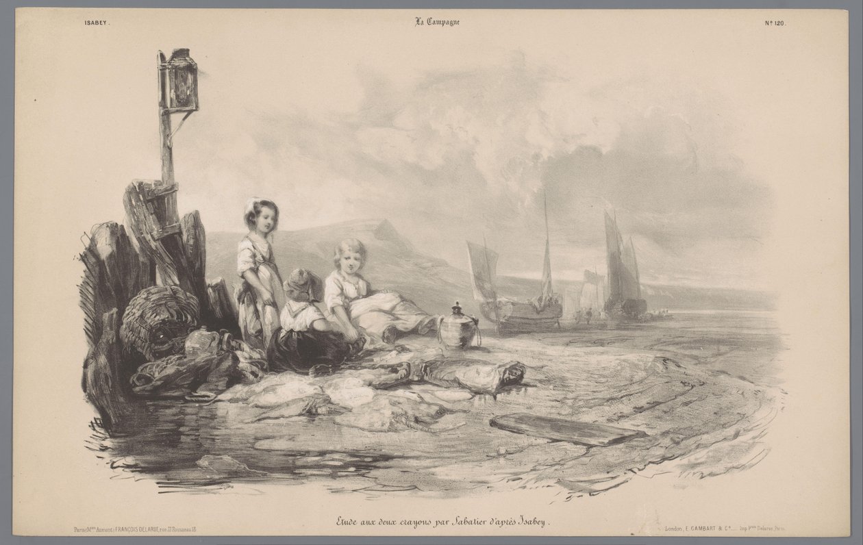 Tre barn som leker i en vik Skildringer av livet på landsbygden (serietitel) La kampanj. Etudes varieés aux deux Crayons (serietitel på objekt) av Léon Jean Baptiste Sabatier