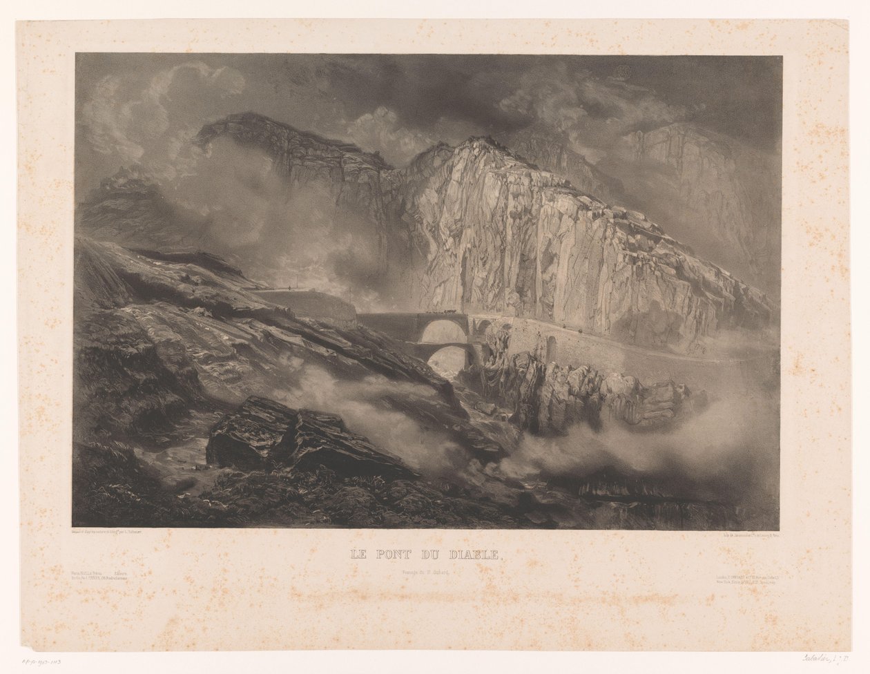 Utsikt över Djävulens bron i Gotthardpasset Le Pont du Diable, passage du St. Gothard (titel på objekt) av Léon Jean Baptiste Sabatier