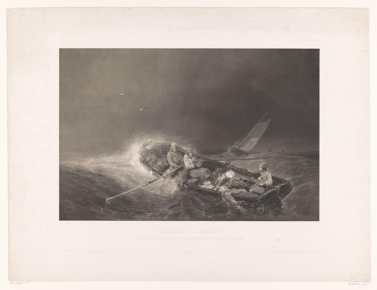 Vissers in een roeiboot op zee Marine gezichten (serietitel) Marinmålningar. Litografi i mezzotint av L. Sabatier efter Eug. Isabey (serietitel på objekt) av Léon Jean Baptiste Sabatier