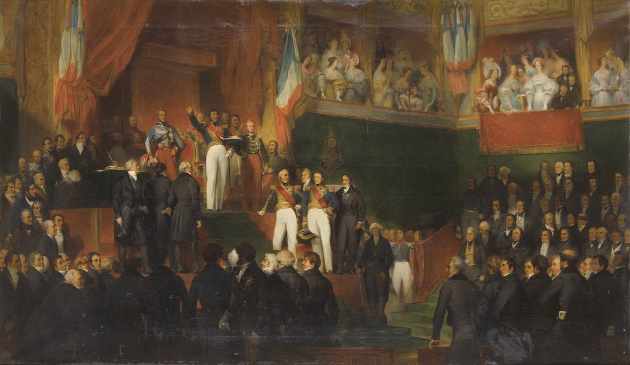 Louis-Philippe I svurs in som kung inför deputeradekammaren, 9 augusti 1830 av Léon Jean Basile Perrault