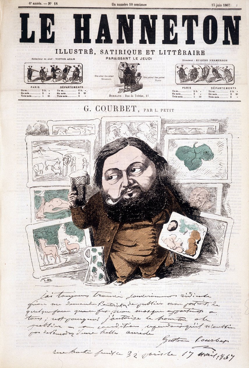 Porträtt av Gustave Courbet, fransk målare (1819-1877). I Le hanneton av Léonce Justin Alexandre Petit
