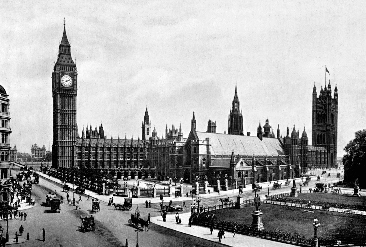 Houses of Parliament och Westminster Hall sett från Parliament Square, London, c1905. av London Stereoscopic and Photographic Co