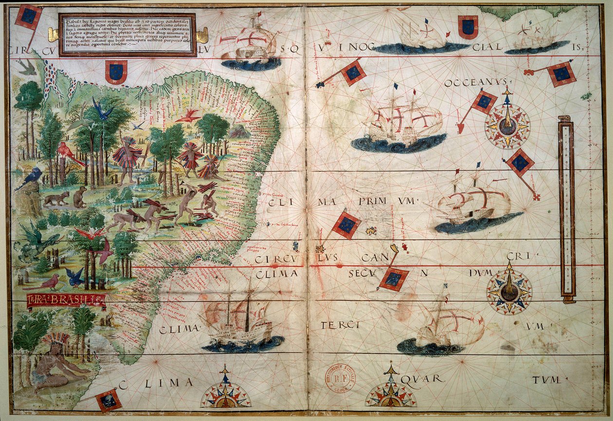 Hydrografisk karta över Brasilien - Manuskript belyst "" Portugisisk Nautical Atlas"" av kartografen Loppo Homem 1519 Paris. B.N. - Hydrografisk karta över Brasilien - Från det upplysta manuskriptet "" English nautical Atlas"" av Loppo Homem (1500-talet) av Lopo Homem