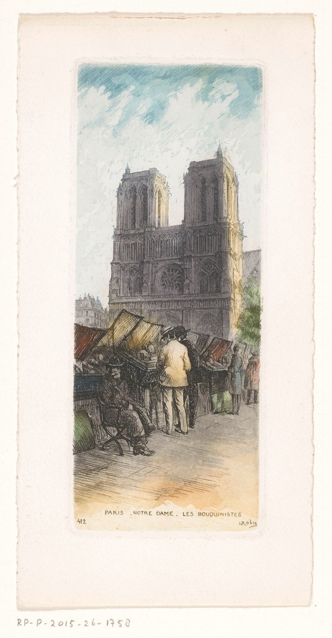 Utsikt över Notre-Dame i Paris med bokhandlare i förgrunden Paris Notre Dame les bouquinistes (titel på objektet) av Léopold Robin