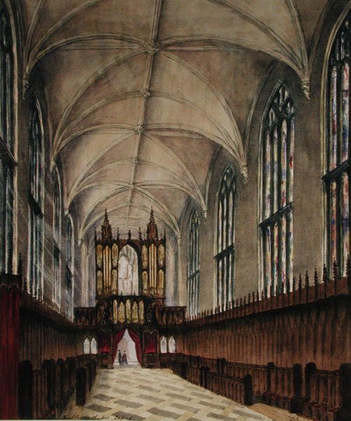 Interiör av New College kapell efter senare 1700-talsändringar, ca 1870 (akvarell på papper) av Loraine Salome Estridge