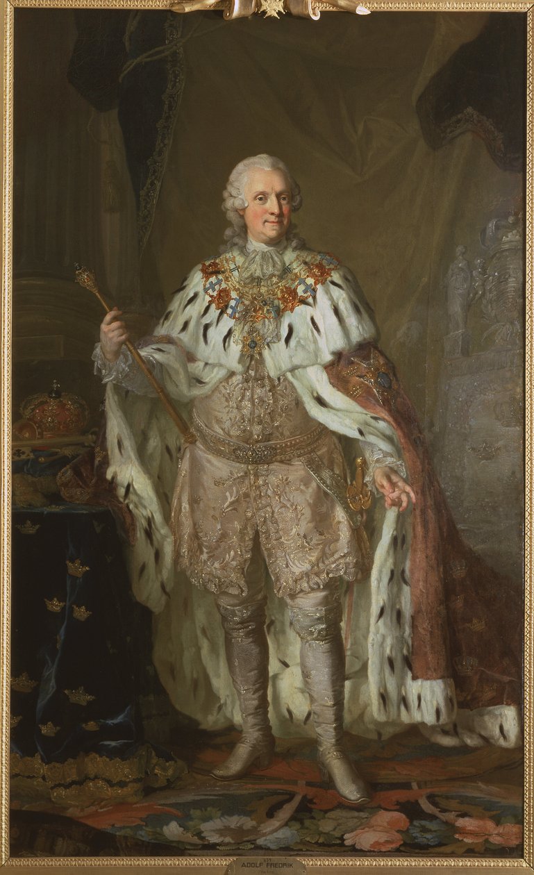 Adolphe Frederic de Suede - Porträtt av Adolph Frederick (1710-1771), kung av Sverige, av Pasch, Lorenz, den yngre (1733-1805). Olja på duk. Mått: 237x143 cm. Nationalmuseum Stockholm av Lorens the Younger Pasch