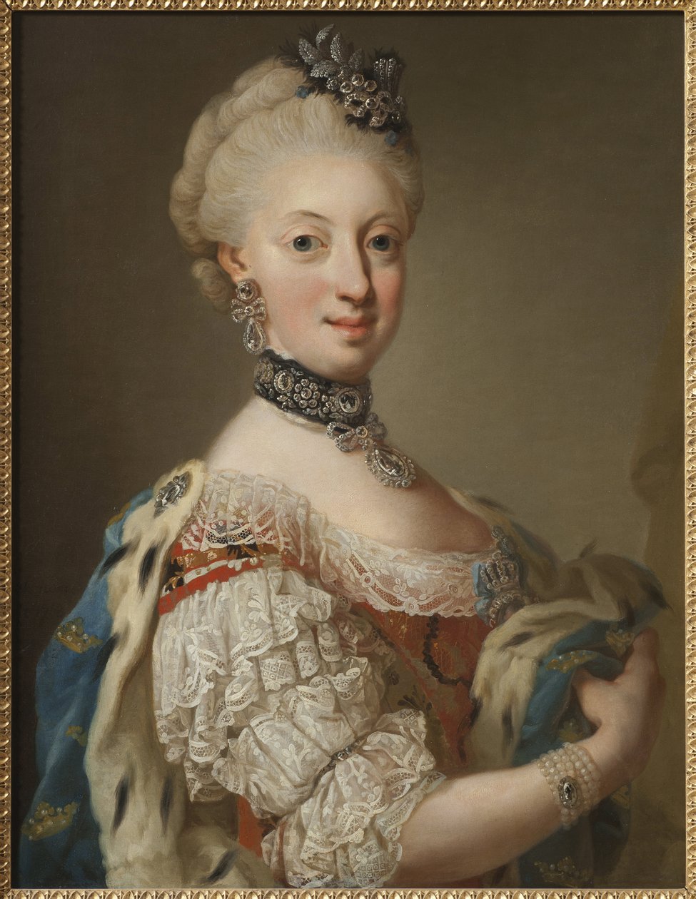 Sophie Madeleine de Danemark, reine de Suede - Porträtt av Sophia Magdalena av Danmark (1746-1813), Sveriges drottning, av Pasch, Lorenz, den yngre (1733-1805). Olja på duk av Lorens the Younger Pasch