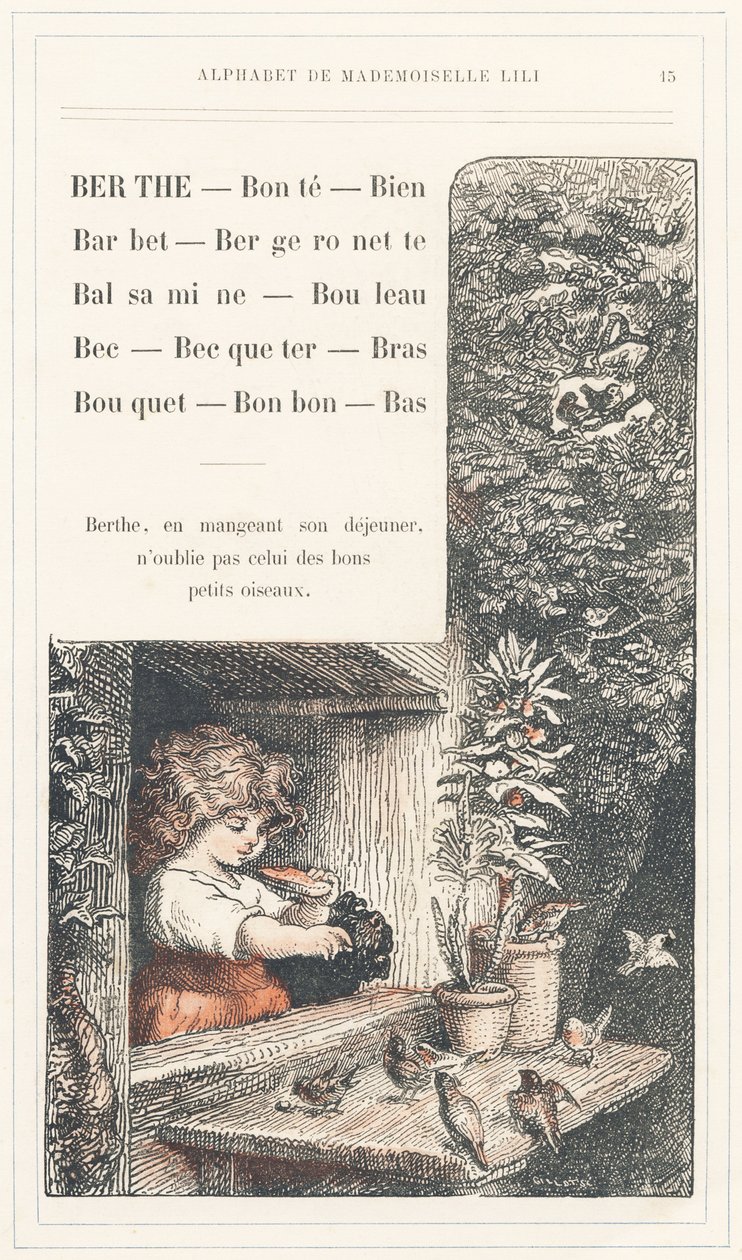 Berthe, Bonte, Well, Barbet, Bergeronnette, Balsamine, Birch, Beak, Becqueter, Arm, Bouquet, Candy, Bottom, sidan 15 - Alfabet av Mademoiselle Lili, av L. Froelich och av en pappa (Hetzel själv). Bibliotheque  Magasin d