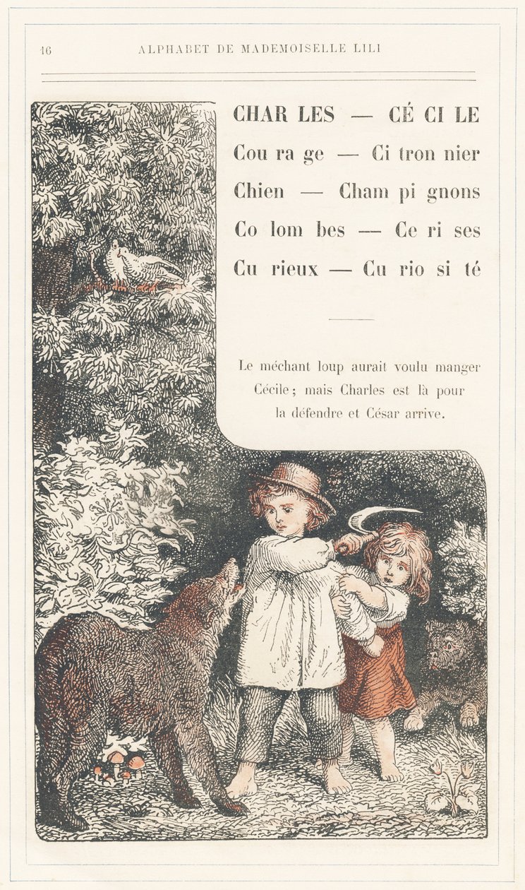 Charles, Cecile, Courage, Lemon tree, Dog, Mushrooms, Doves, Cherries, Curious, Curiosite, sidan 16 - Alfabetet av Mademoiselle Lili, av L. Froelich och av en pappa (Hetzel själv). Bibliotheque  Magasin d