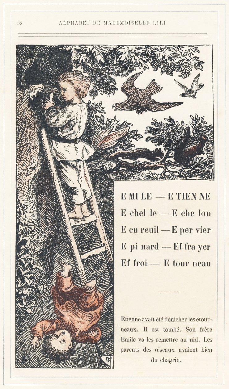 Emile, Etienne, Echelle, Echelon, Squirrel, Sparrow, Epinard, Scarer, Farry, Stourneau, sidan 18 - Alfabetet av Mademoiselle Lili, av L. Froelich och av en pappa (Hetzel själv). Bibliotheque  Magasin d