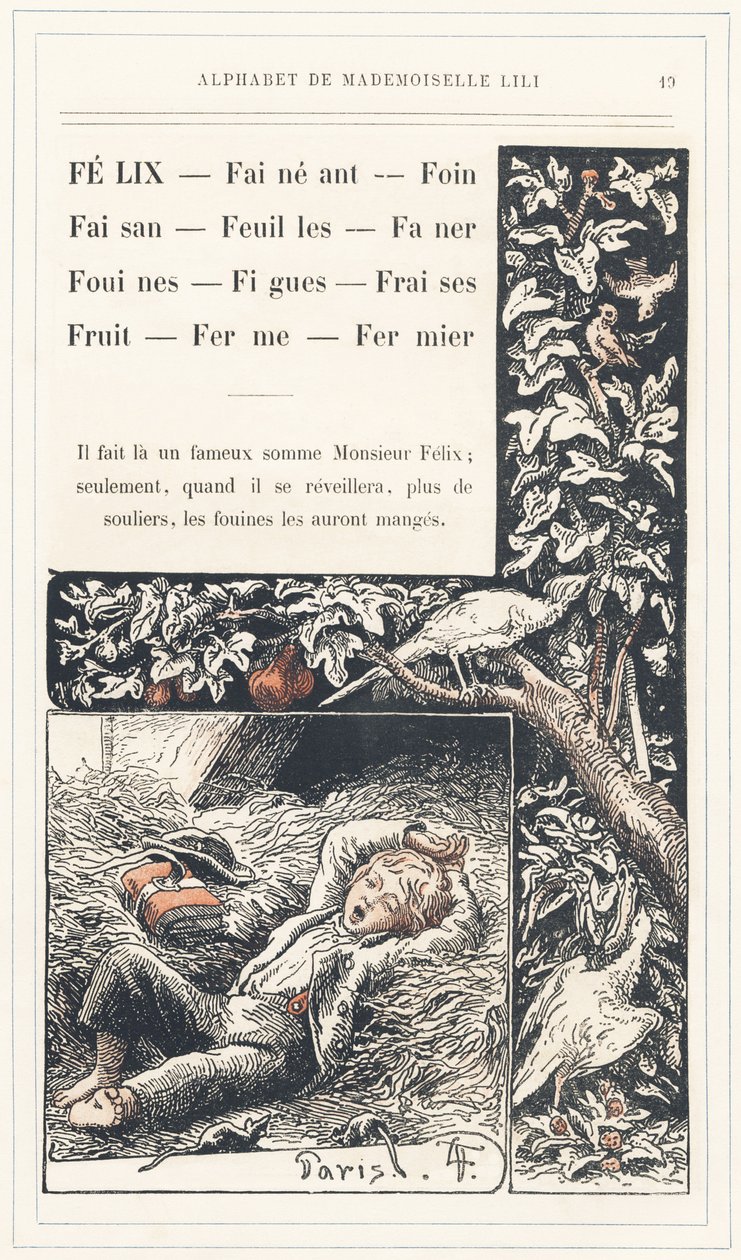 Felix, Lay, Hay, Pheasant, Leaves, Faner, Weasels, Figs, Strawberries, Fruit, Farm, Farmer, sidan 19 - Alfabetet av Mademoiselle Lili, av L. Froelich och av en far (Hetzel själv). Bibliotheque  Magasin d