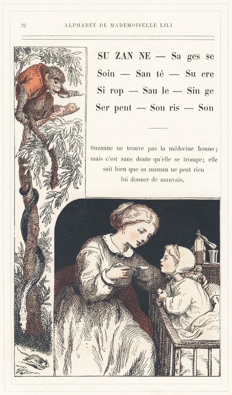 Suzanne, Wisdom, Care, Health, Sugar, Syrup, Willow, Monkey, Snake, Mouse, Sound, sidan 32 - Alfabetet av Mademoiselle Lili, av L. Froelich och av en pappa (Hetzel själv). Bibliotheque  Magasin d