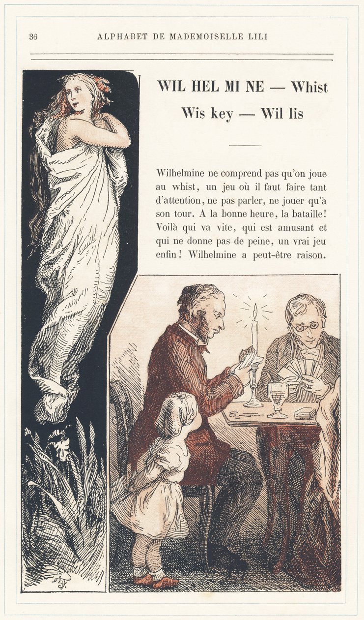 Wilhelmine, Whist, Wiskey, Willis, sidan 36 - Mademoiselle Lilis alfabet, av L. Froelich och av en far (Hetzel själv). Bibliotheque  Magasin d