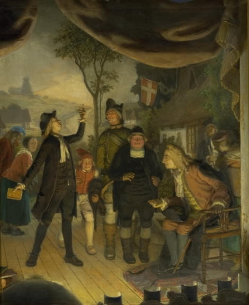 Ludvig Holberg deltar i en repetition av hans pjäs Erasmus Montanus, akt IV, scen 2 av Lorenz Frølich