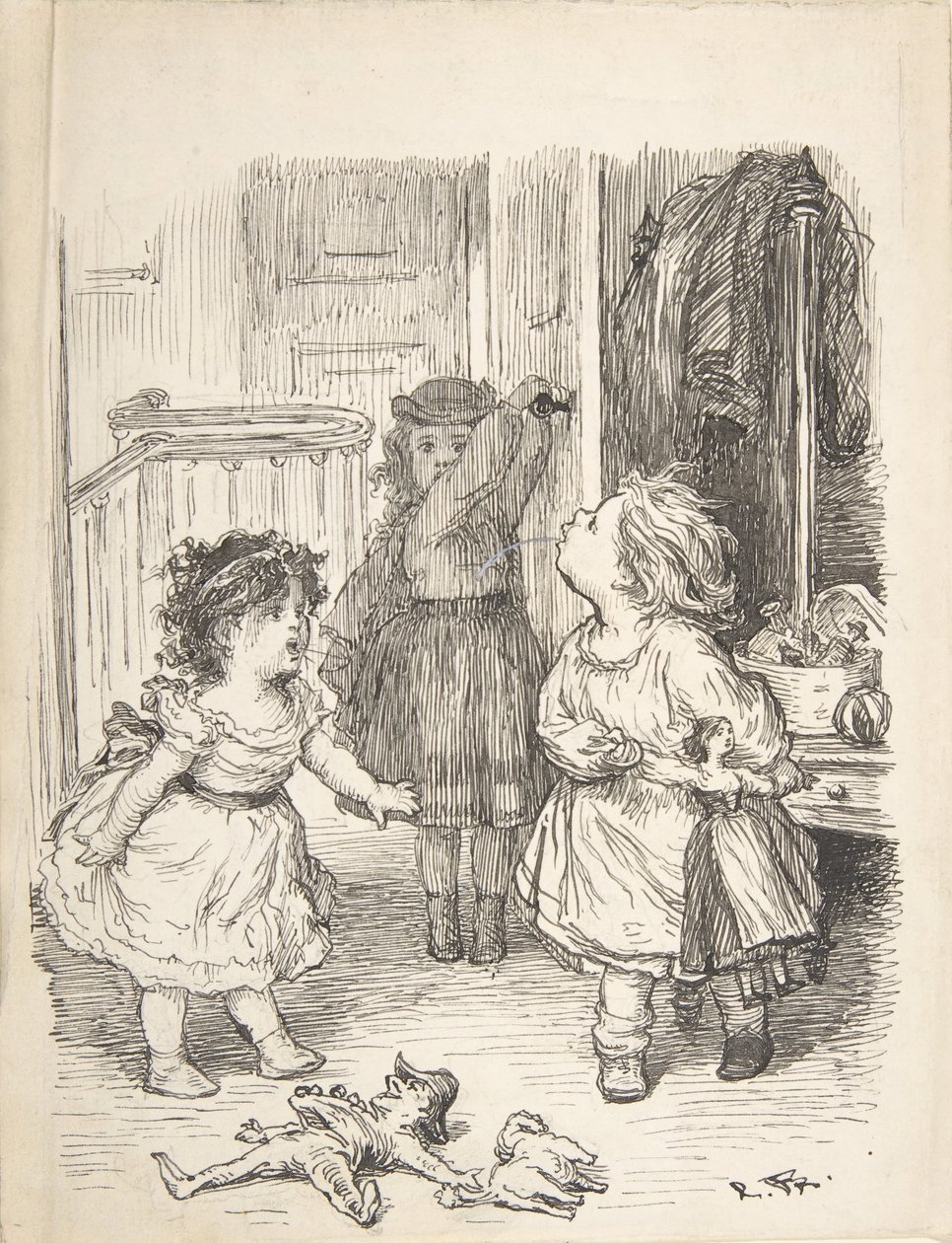 Tre små flickor i ett rum som argumenterar och spottar, 1835-1903. av Lorenz Frølich