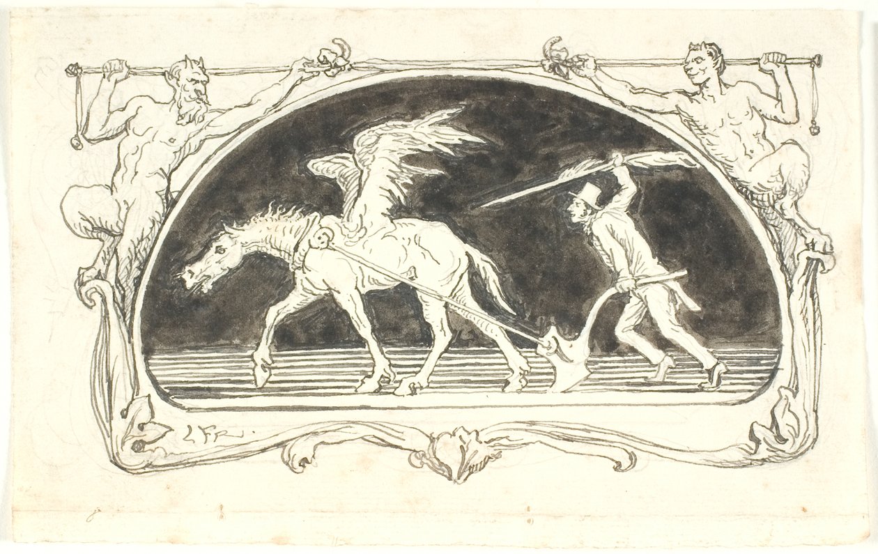 Vinjett av en utsliten Pegasus framför en plog driven av en man i hög hatt, beväpnad med en stor penna av Lorenz Frølich