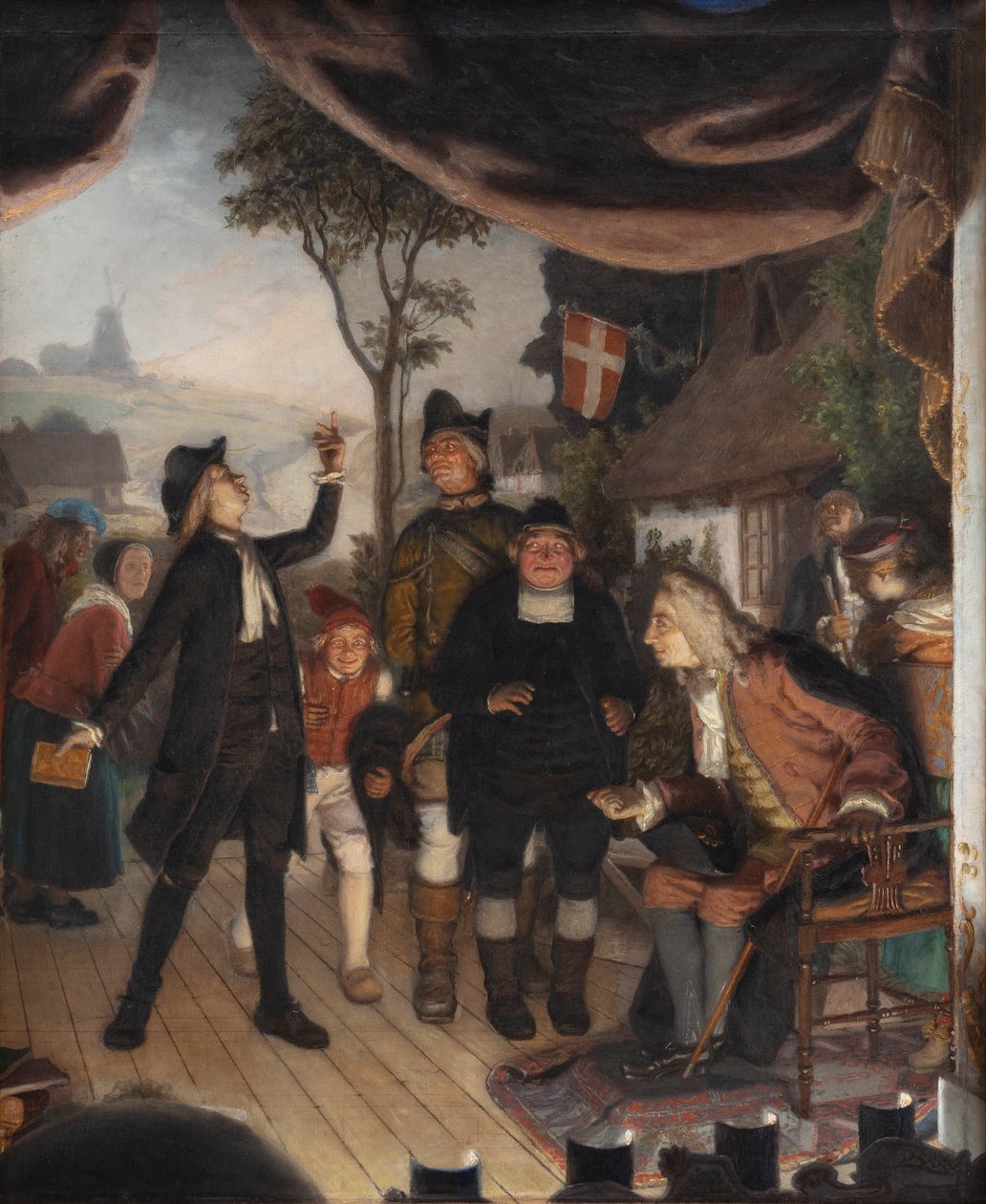 Ludvig Holberg deltar i en repetition av hans pjäs Erasmus Montanus, akt IV, scen 2 av Lorenz Frølich