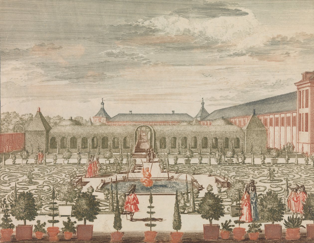 Drottningens trädgård med det gröna skåpet och orangeriet, sedd bakifrån, i: To..., n.d.. av Lorenz Scherm